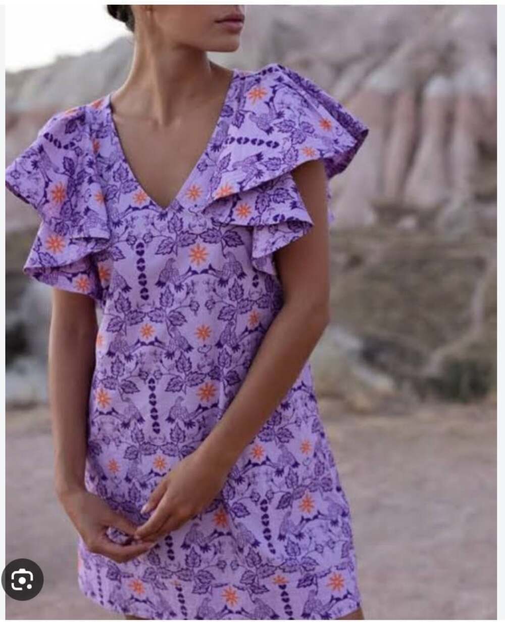 Oliphant Dress Womens XS Purple Floral Ruffle Flutter Sleeve V Neck Short
